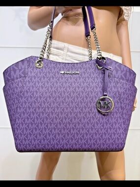 Michael Kors Purple MK Logo Tote with Chain-Strap Detail